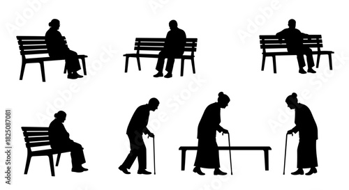 Elderly people silhouettes sit and walk with canes in park, retirement community life