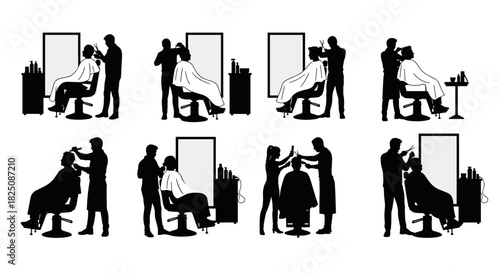 Professional barber silhouettes cutting hair in salon, vector barber shop haircut service