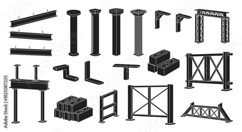 Construction steel beams, metal pillars, and architecture structures for building projects