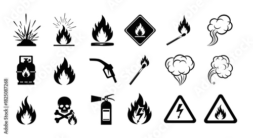 Warning signs and flames illustration set for safety and hazards awareness campaign