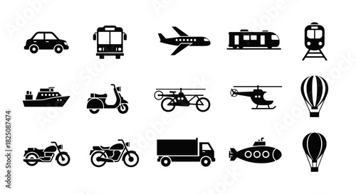 Transportation icons showing car, bus, airplane, train, ship, bike, truck, and hot air balloon