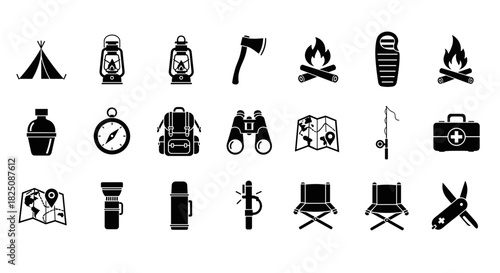 Essential camping gear collection for outdoor adventures and exploration icons set
