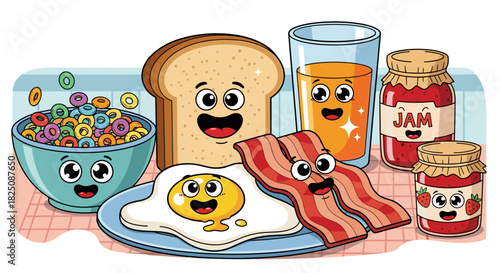 Cheerful cartoon breakfast food friends toast bacon eggs cereal jam juice for kids
