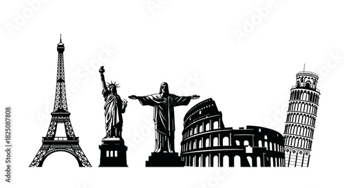 World landmarks silhouette travel destinations, global tourism and architecture design