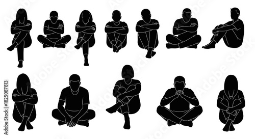 Diverse group sitting cross legged, expressing thought, loneliness, or introspection