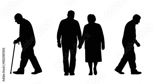 Elegant silhouette of senior couples and elder men walking, promoting healthy aging concept