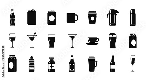 Diverse drinkware collection for cafes and restaurants, vector graphic, modern beverages