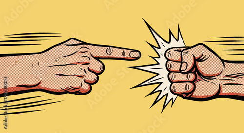 Fist bump graphic: Retro comic book punch or confrontation with dynamic impact effect