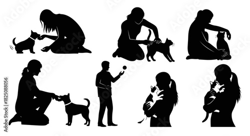 People with pets silhouette collection, animal companions and owners enjoying time