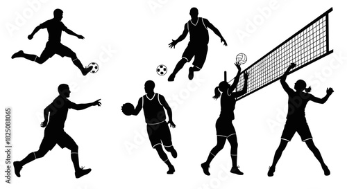 Dynamic sports silhouettes showcase athletic teamwork, ideal for fitness and game designs
