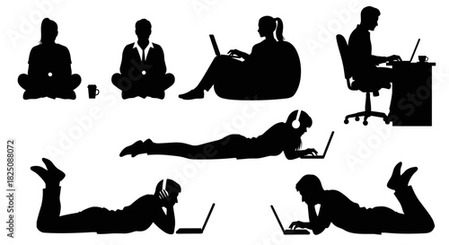Diverse silhouette collection of people working from home using laptops with flexibility