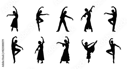 Elegant ballet dancers in silhouette performing graceful positions, vector illustration