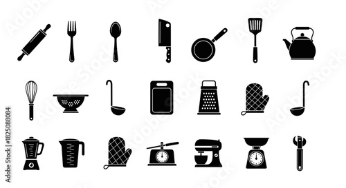 Kitchen tools collection for cooking, baking, and culinary arts in modern silhouette style