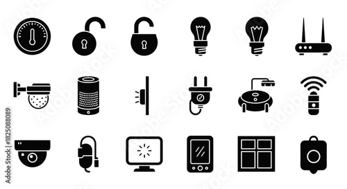 Smart home automation icons for intelligent living, energy saving and security systems