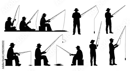 Silhouette fishing collection ready for outdoor adventure and summer fun, casting lines