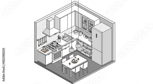 Modern kitchen design with dining table, isometric view for interior planning and remodeling