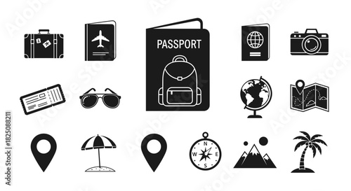 Travel icons set for journey planning and vacation adventures, passport, suitcase, and more
