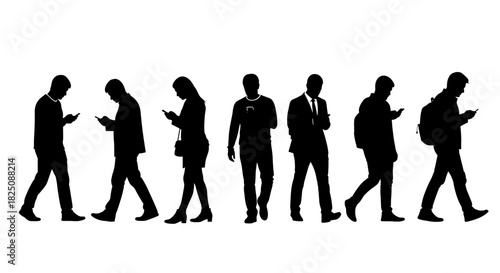Silhouetted people walking and using smartphones, modern communication and connection