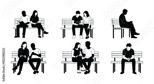 Diverse couples relaxing on benches, enjoying peaceful moments together outdoors, vector art