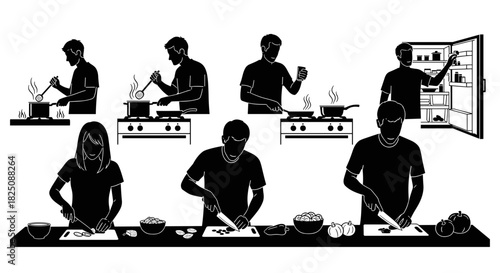 Black vector silhouettes of people cooking at home, chopping vegetables and using the stove
