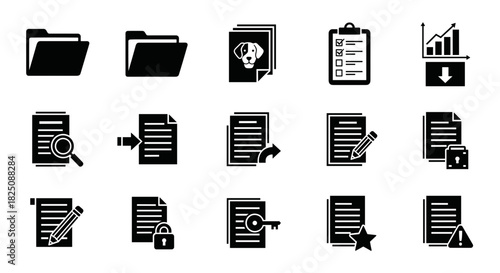 Black vector icons of folders, documents and file actions for digital organization
