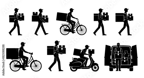Black vector icons of delivery workers walking, cycling, driving scooters and vans with packages
