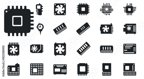 Collection of solid black vector icons of computer microchips and electronic components
