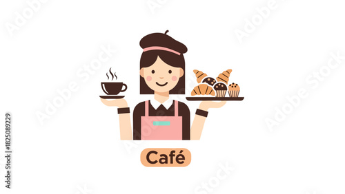A smiling waitress holds a coffee cup and tray of pastries; "Cafe" text below