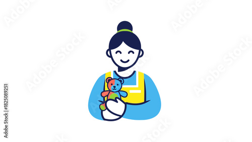 A smiling person, hair in a bun, holds a colorful teddy bear while wearing a blue shirt