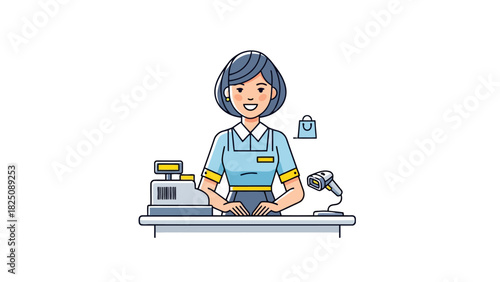 A smiling cashier behind a counter, next to a cash register and barcode scanner