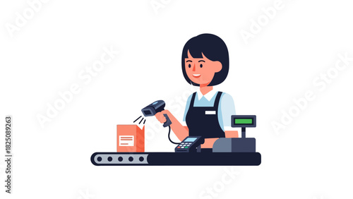Illustration of a cashier scanning a product at a checkout counter with a smiling face