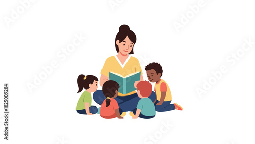 A teacher reads aloud to a group of children, seated in a circle, on a white background