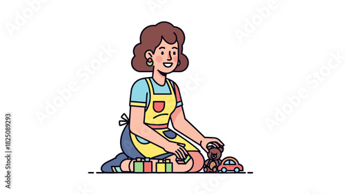 A smiling woman with brown curly hair, wearing an apron, plays with toys, a bear and car