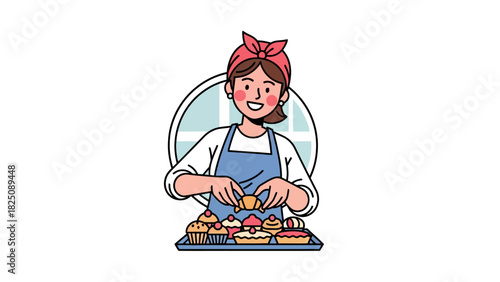 Illustration of a woman in an apron with baked goods. She is arranging pastries on a tray
