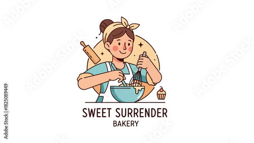 Cartoon image featuring a baker whisking batter in a bowl, with a rolling pin and cupcake