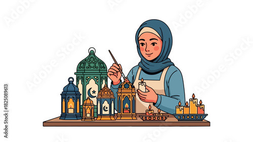 An illustration of a woman wearing a headscarf, painting lanterns and candles