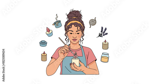 A woman in an apron crafting a candle, surrounded by other candles, scents, and tools