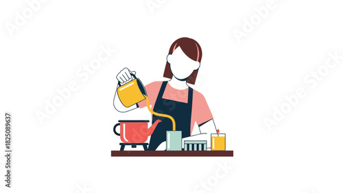 A person pours liquid from a container into a cup next to other objects on a counter