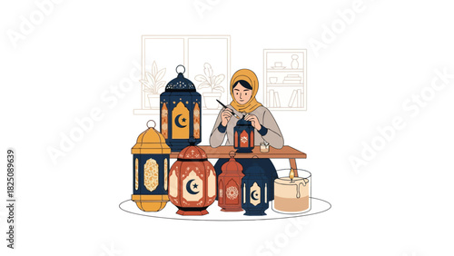 Illustration of a woman painting lanterns on a table for a celebration, with surrounding decor