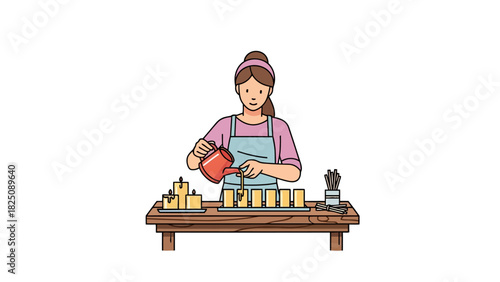 Illustration of a person making candles, pouring liquid from a pitcher into molds