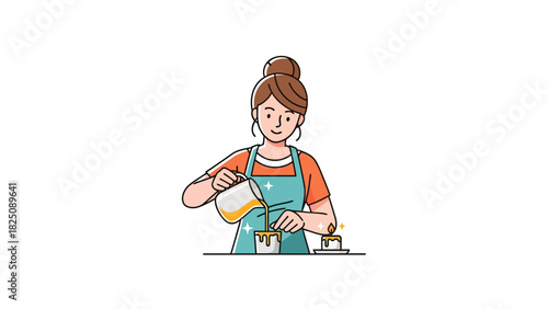 A woman in apron pours liquid from a pitcher into a candle mold. Another lit candle is present