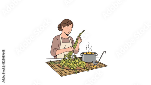 Illustration of a woman preparing a dish, with cooking pot, tools, and a wooden mat