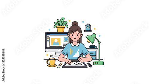 A cartoon illustration of a female artist at her desk, working on a digital drawing
