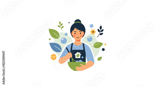 An illustration of a woman mixing ingredients in a green bowl, surrounded by leaves and circles