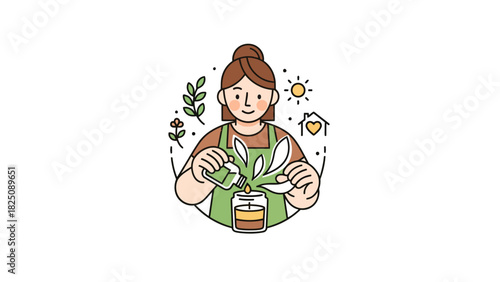 A woman in an apron creates a candle.  Sun, home, leaves and flower frame the image