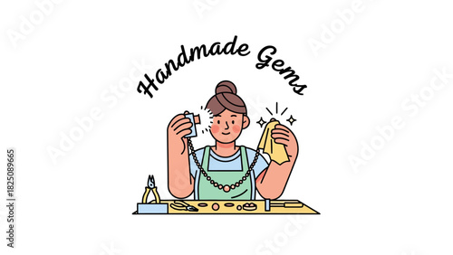 Illustration of a woman crafting jewelry. She is holding a pendant and a cloth, with tools