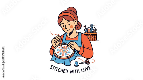 A woman is shown embroidering a design in a hoop; tools are by her side; text below reads, "Stitched with Love