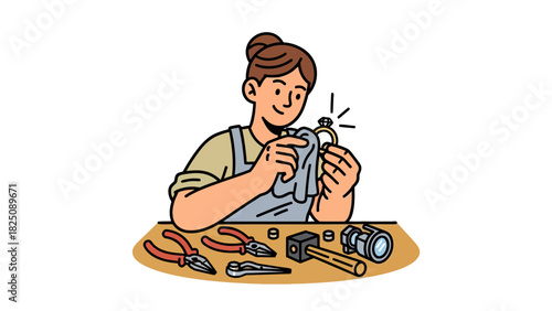 A smiling artisan, holding a diamond ring while working at a workbench. Tools are present