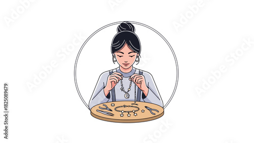 A woman crafts jewelry in a studio. She has dark hair in a bun and a wooden table