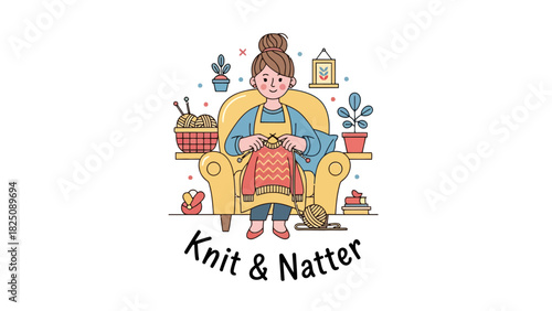 Cartoon woman in a chair knitting, surrounded by plants and craft supplies with text below